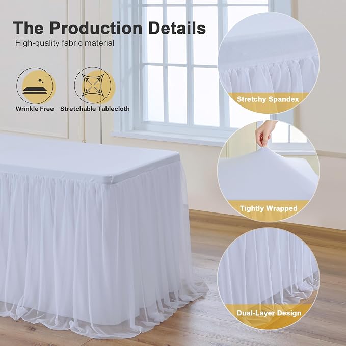 familus 8ft White Spandex Fitted Tablecloth with Tulle Table Skirt - 2-in-1 Structured Tutu Table Cover for Weddings, Trade Shows, Banquets & Sweetheart Tables