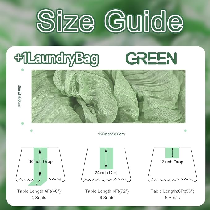 2 Pack Sage Green Cheesecloth Table Runners 35x120 Inch, Wide Boho Gauze Table Runner for Wedding Baby Shower Birthday Party Decor, Semi-Shear Rustic Tablecloth