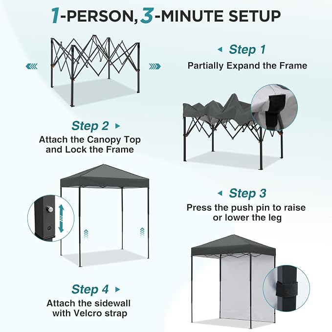 EAGLE PEAK 6x4 Instant Pop Up Canopy Tent with 1 Side Wall Panel, Straight Leg Sun Shelter, Portable Canopy with Carry Bag for Camping, Beach & Sports, Dark Gray