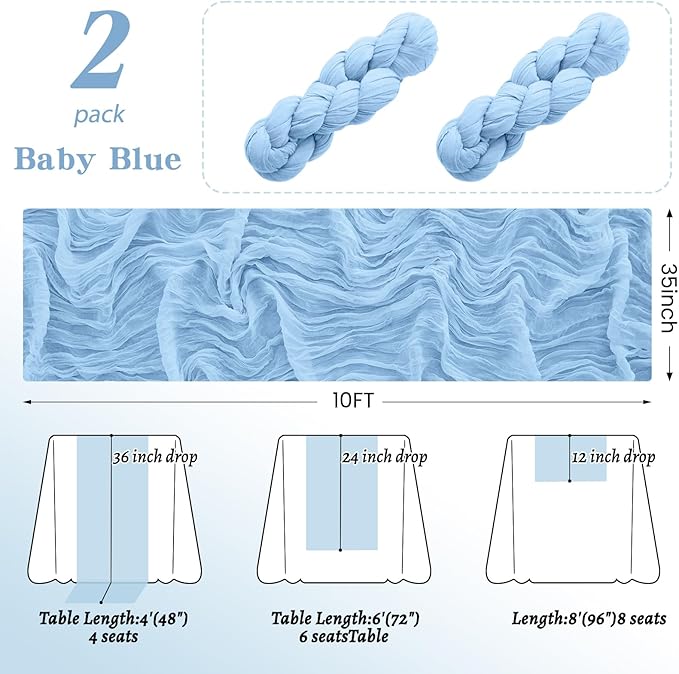 2Pack Light Blue Table Runner 10FT Cheesecloth Table Runner 35x120Inch Long Boho Cheese Cloth Table Runners Rustic Gauze Table Runners for Party Wedding Bridal Shower Baby Shower Decorations
