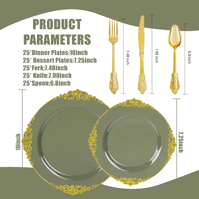 125PCS Olive Green Plastic Plates - Green and Gold Disposable Plates - Vintage Plate with Gold Plastic Silverware Sets for 25 Guests for Wedding & Party & Holiday