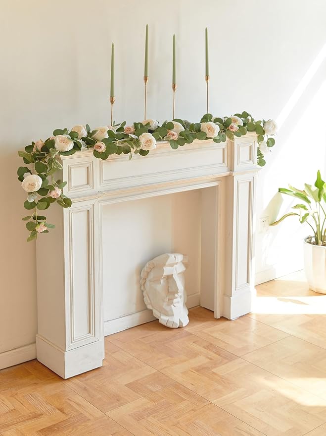 MISSPIN 2pcs Artificial Flowers Garland Spring Eucalyptus Garland Vintage Fake Flower Peony Rose Vine Greenery Decorative Wall Hanging Plant for Wedding Arch Door Arrangement Party Decor