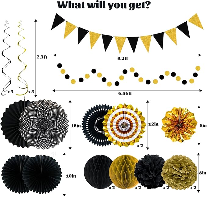 24 Pcs Black and Gold Party Decorations, Paper Fans Honeycomb Pom Poms Pennant Garland, Reusable Hanging Supplies for 2026 Graduation Birthday New Year Wedding Anniversary
