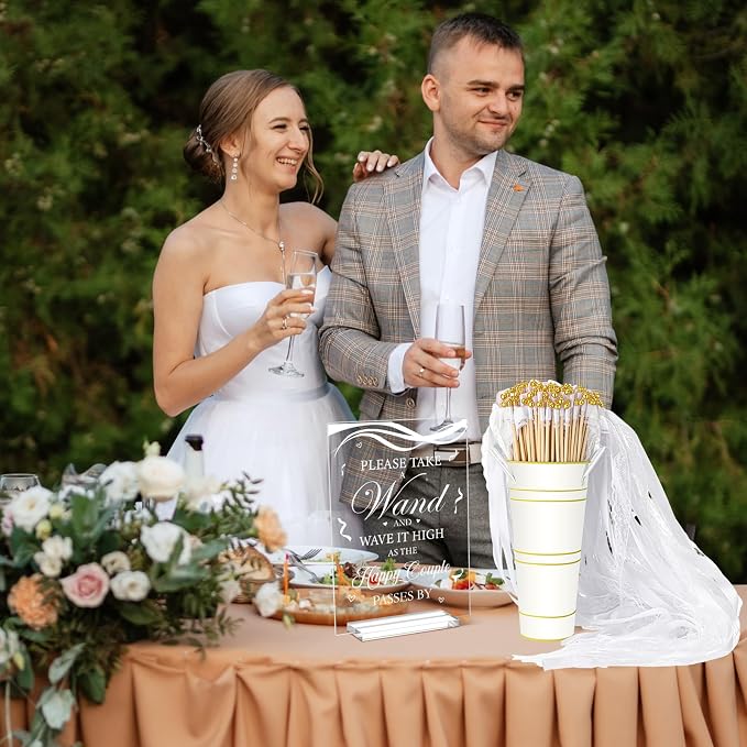 Reallnaive 103 Pcs Wedding Ribbon Stick Wand with Metal Buckets and Acrylic Sign, Party Magic Fairy Wand with White Lace Ribbon and Gold Bells for Wedding Party Favor Decor