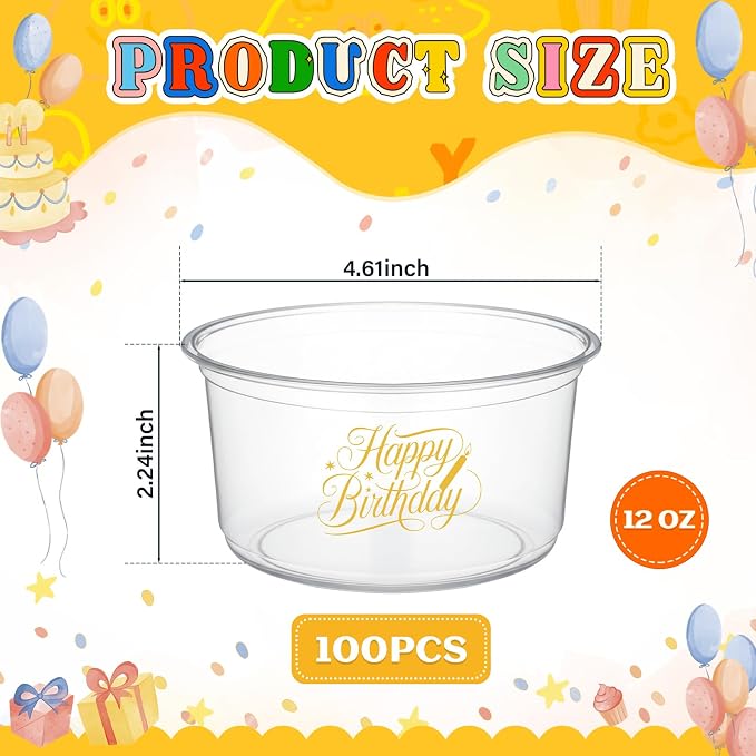 SiliFine 100 Pcs Birthday Plastic Bowls 12 oz Birthday Cups Disposable Clear Serving Bowls Dessert Cups for Ice Creams Desserts Parfaits Snacks Party Favors Supplies Decoration