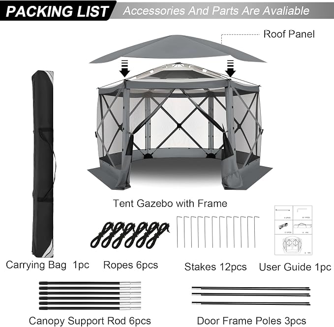 COBIZI 12x12 FT Pop Up Canopy Stargazing Tent, Gazebos On Clearance with Removable Roof,Instant Screened in Gazebo, Screen Tents Portable carpas para Patio for Outdoor Camping,Backyard, Garden, Gray