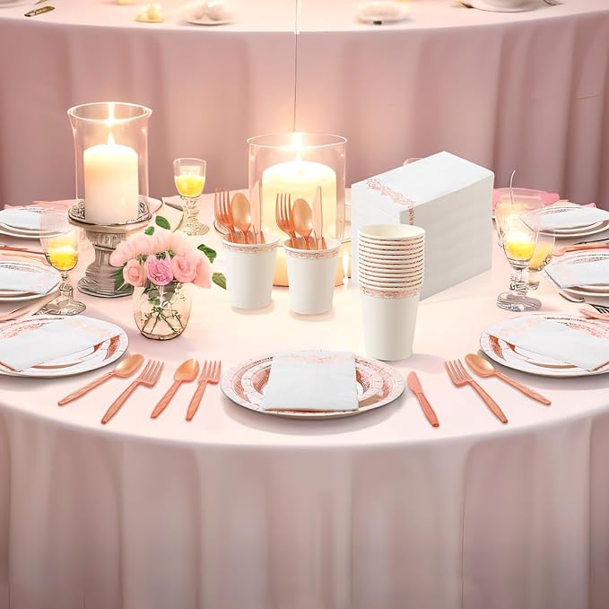 Didaey 700 Pcs Disposable Dinnerware Set for 100 Guests Include 200 Paper Plates, 300 Plastic Silverware, 100 Paper Cups, 100 Napkins for Wedding Birthday Party Supplies (White Rose Gold Pattern)