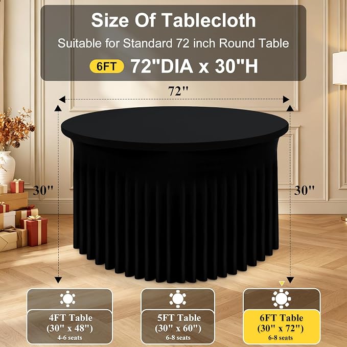 Smiry Round Spandex Tablecloth, Elastic Fitted Washable Tablecloths for 72 Round Tables, Waterpoof Stretch Table Cover Skirt for Outdoor, Wedding, Banquet & Parties, Black