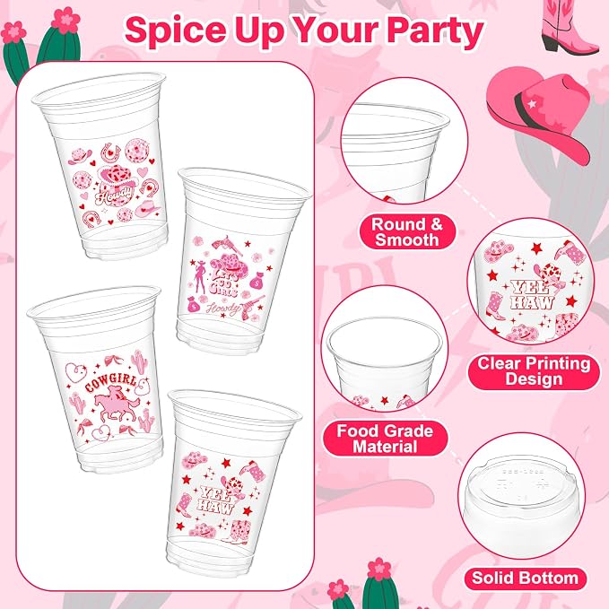 Geyoga 100 Pcs Western Cowgirl Plastic Cups 16 oz Pink Cowgirl Disposable Clear Drinking Cups Bulk Lets Go Girls Decoration for Western Birthday Disco Party