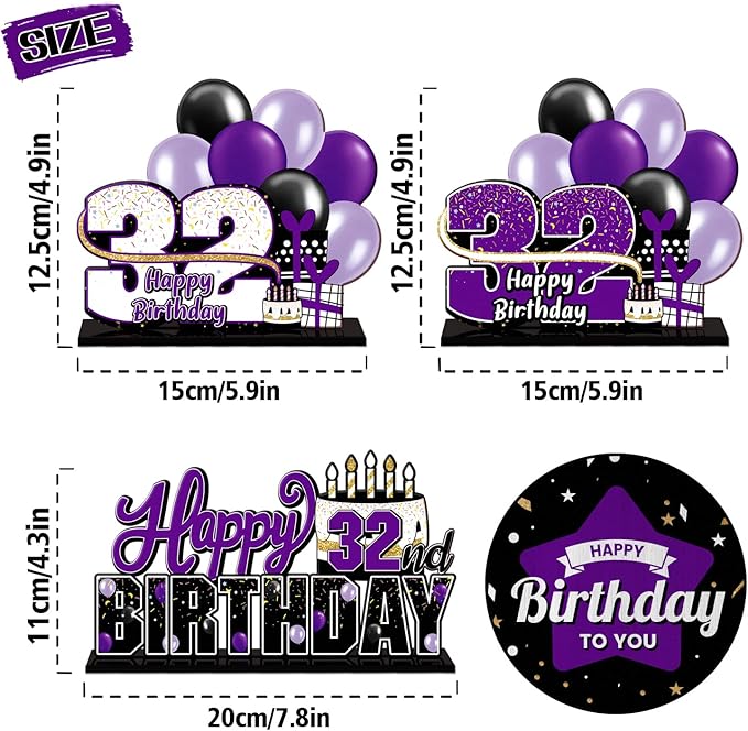 LINGTEER Happy 32nd Birthday Purple Acrylic Table Topper Centerpieces Set - Cheers to 32 Years Old Birthday 32nd Bday Party Gift Decorations.