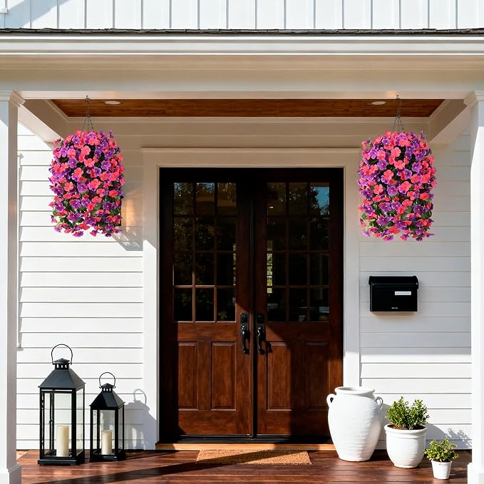 INQCMY Artificial Hanging Flowers Basket for Outdoor Summer Decoration,4pcs Faux Silk Begonia in Planter Look Real UV Resistant for Outside Home Porch Patio Balcony Yard Decor(Orchid Rose Red)