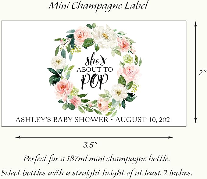 It’s a Girl Mini Champagne Bottle Labels ● SET of 12 ● She’s Ready To POP Baby Shower Favor Label, About to POP Thank You Favors, Pink Baby Shower Gender Reveal Stickers Waterproof (Blossoms)