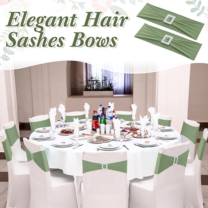 VitalCozy 100 Pcs Spandex Chair Sashes with Square Buckle Slider Stretch Chair Cover Band Universal Elastic Ties Straps Bows for Wedding Banquet Event Party Decoration(Sage Green)