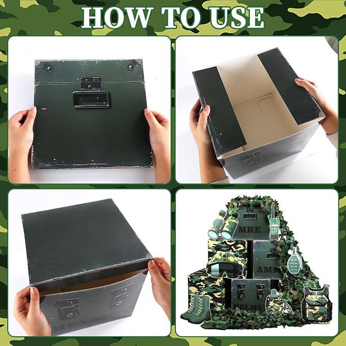 party greeting Camo Birthday Party Decorations Camo Party Boxes Decor Camouflage Netting Army Boxes Camouflage Photo Booth Props for Hunting Military Army Enthusiasts Boys Birthday Jungle Supplies