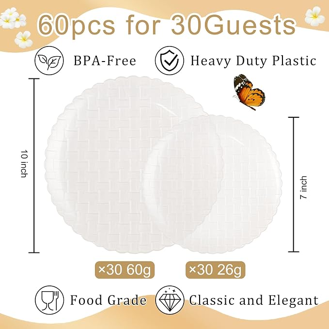 Festiva 60PCS Clear Ivory Plastic Plates - Heavy Duty Weave Pattern Fancy Disposable Plates -serve for 30 guests Include 30PCS 10" & 30PCS 7" Plates for Bithday &Easter Party(Ivory)