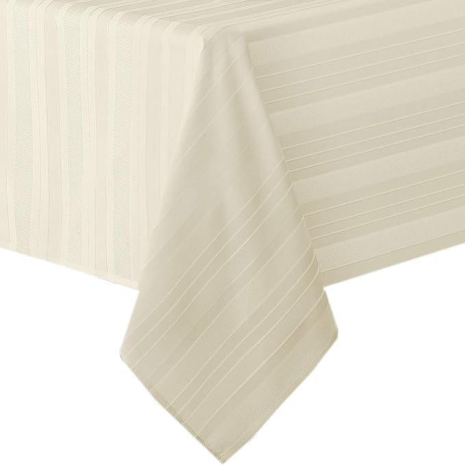 Newbridge 60 x 84 Inch Rectangle Ivory Fabric Tablecloth, Denley Satin Stripe, Heavy Weight No Iron Polyester Holiday Dining & Party Table Cover