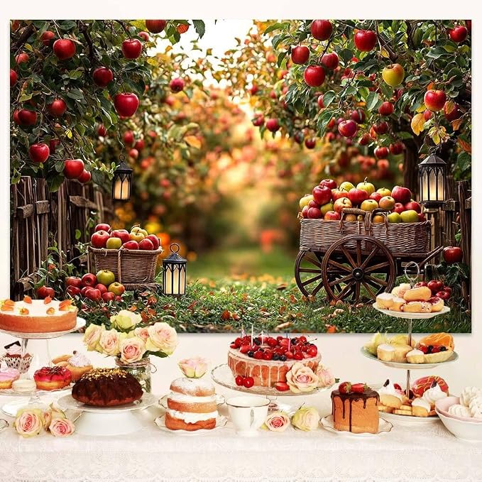 7 x 5 ft Apple Backdrop Autumn Harvest Apple Orchard Party Decorations Background Thanksgiving Farm Holiday Event Party Apple Trees Baby Shower Kids Birthday Party Photo Booth Studio Props