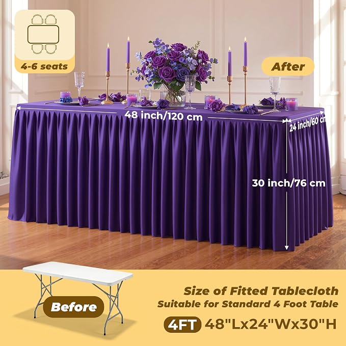 Purple Polyester Table Cloths for Rectangle 4 Foot Tables, 1 Pack Wrinkle Free Tablecloths Stretchy Banquet Ruffle Fitted Table Cover Desk Skirt for Parties Wedding Birthday Baby Shower