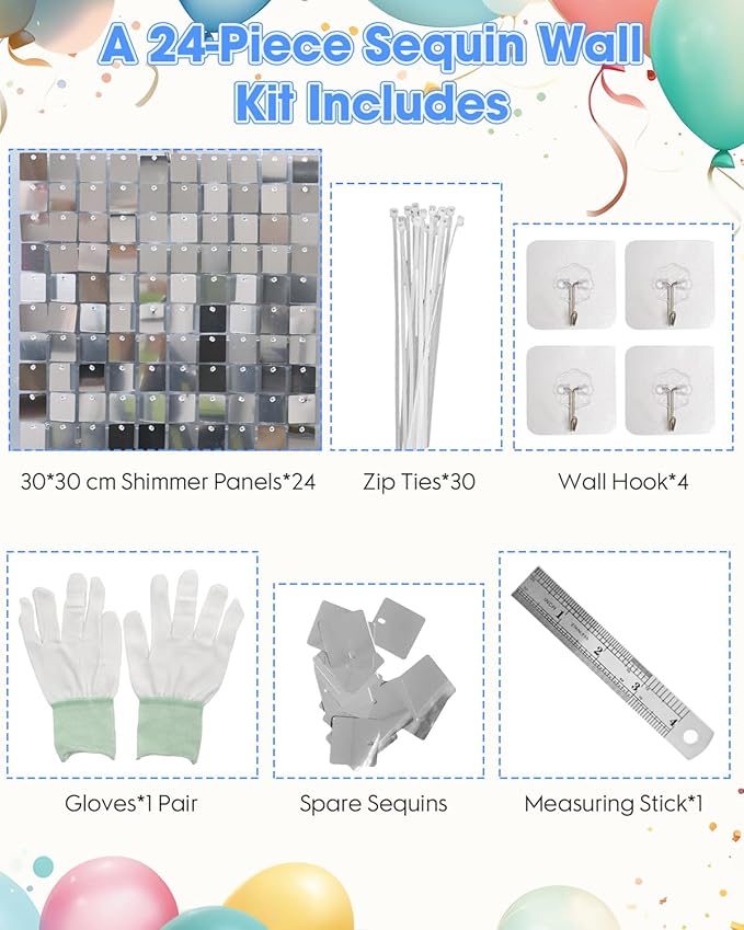 Silver Shimmer Wall Backdrop 24 Panels Cover 6 x 4 Ft, Photo Backdrops for Wedding,Anniversary,Birthday,Party Decoration