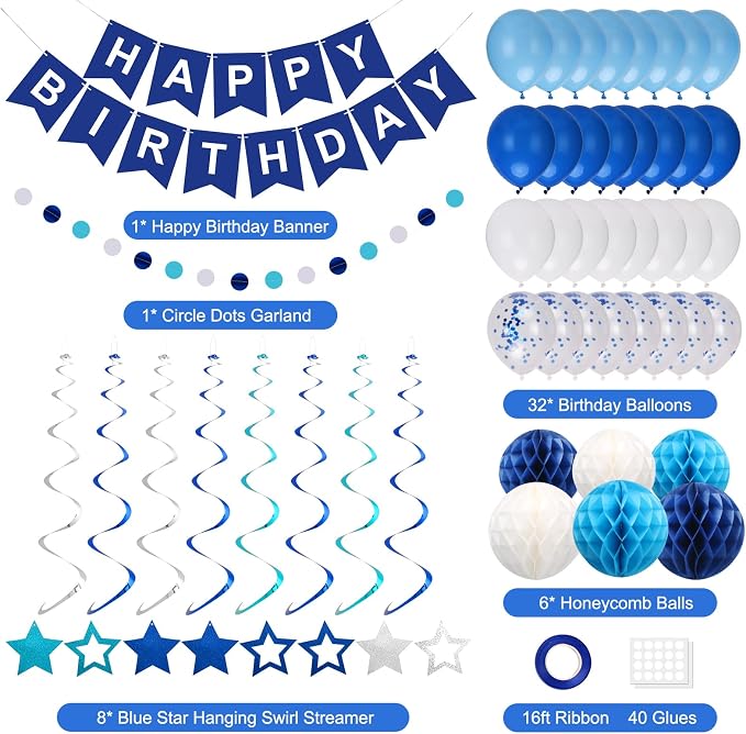 Birthday Decorations, Happy Birthday Banner, Happy Birthday Balloons, Honeycomb Balls, Star Hanging Swirls,Circle Dots Garland, Suitable for Man and Boys Birthday Decorations Prince Party (Blue)