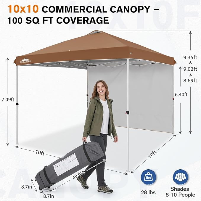 EAGLE PEAK Commercial Canopy 10x10 Pop Up Canopy Tent with 1 Sidewall, Easy Setup Heavy Duty Instant Event Shelter for Vendors & Markets, Outdoor Sun Shade, Khaki