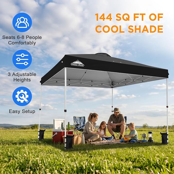 EAGLE PEAK Pop Up Canopy Tent with Wheeled Carry Bag, 8 Stakes, 4 Ropes, 4 Weight Bags, Easy Set Up Tent Canopy, 12x12 ft, 144sqft of Shade, Black