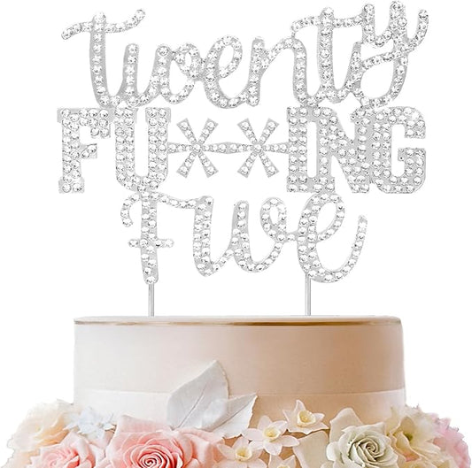 LINGTEER Happy 25th Birthday Funny Silver Rhinestone Cake Topper - Cheers to 25 Years Old Birthday Party,Twenty-Five Cake Centerpieces Topper Decorations Gift Sign.