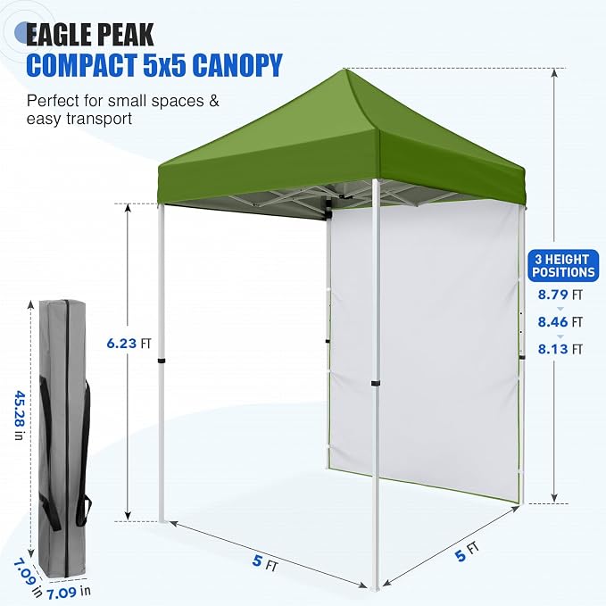 EAGLE PEAK Pop up Canopy 5x5, Outdoor Portable Canopy Tent with One Removable Sunwall, Carry Bag Included, Grass Green
