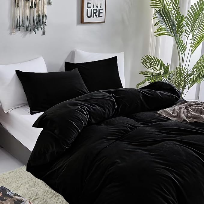 KAREVER Black Velvet Comforter Set - Full Flannel Bedding Comforter Set with 3 PCs Warm Soft Solid Black Winter Blanket