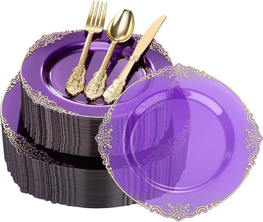 Goodluck 250 PCS Vintage Translucent Purple & Gold Rim Plastic Plates with Cutlery Set - Serves 50 - Heavy Duty Elegant Disposable Dinnerware for Sweet 16, Mardi Gras, Bridal Shower