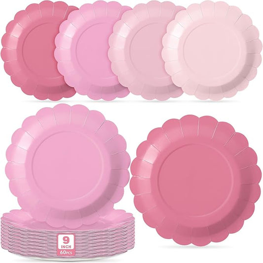 60 Pcs Pink Paper Plates 9 Inch Scalloped Disposable Round Dessert Paper Plates Party Decoration for Valentine's Day Bachelorette Party Women Birthday Baby Shower Wedding