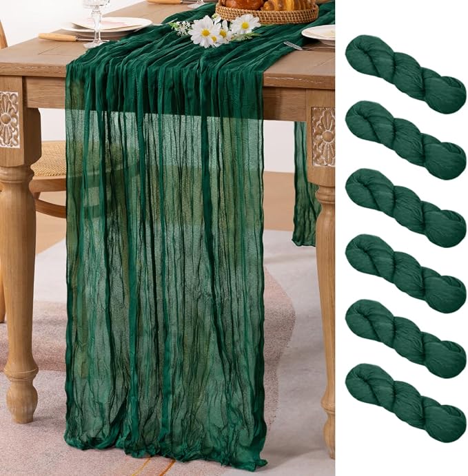 MLMC 6 Pack Emerald Green Table Runner Boho Dark Green Cheesecloth Table Runner 10ft Sheer Gauze Cheese Cloth Decorations for St. Patrick's Day Wedding Bridal Shower Home Party Decor