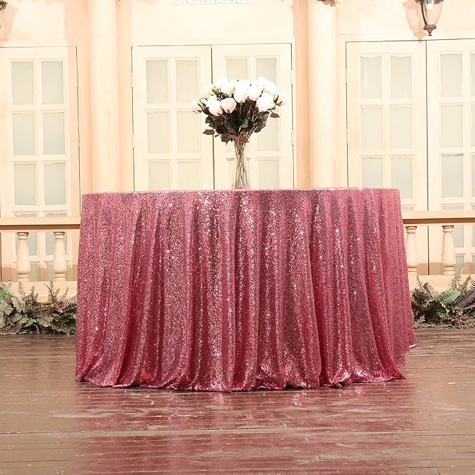 Juya Delight 120-Inch Round Fuchsia Pink Sequin Tablecloth for Wedding Birthday Party Festival Ceremony Dessert Table