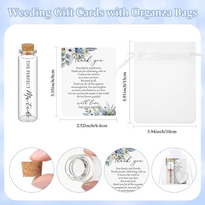 50 Sets Wedding Party Favors for Guests Bulk Including Heart Shaped Candles and Empty Matches Jars with Cork Top Thank You Cards and Organza Bags for Wedding Bridal Shower Party (Blue Flower)