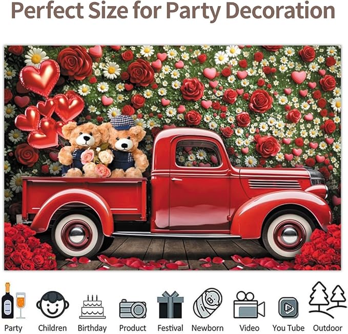 15x8ft Vinyl Red Car Backdrop Valentines Bear Floral Wall Truck Photography Background Wedding Bridal Engagement Party Decorations Studio Props