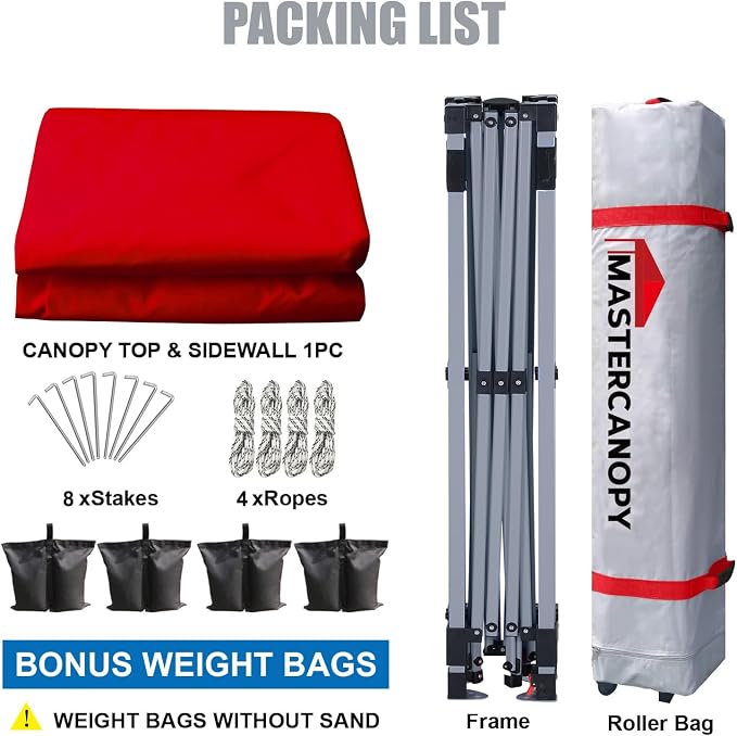 MASTERCANOPY 10x10 Pop Up Canopy Tent with 1 Sidewall, 1 Person Setup Instant Shelter, Outdoor Portable Beach Canopy, 1 Roller Bag, 4 Sandbags, 4 Ropes, 8 Stakes (10x10, Red)