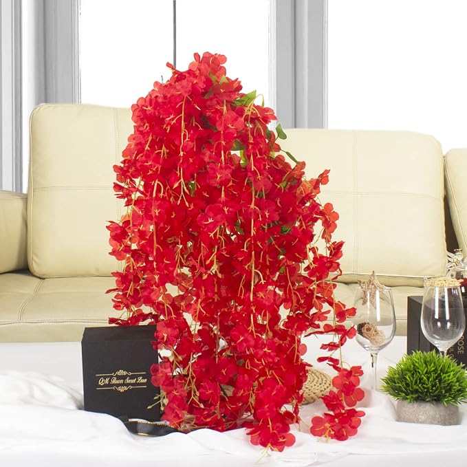 AITISOR 12 Pack Artificial Flowers Silk Wisteria Vine Ratta Hanging Flower (Red)