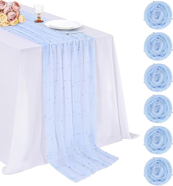 Pearl Tulle Table Runner 10ft Set of 6 Chiffon Sheer Lace Boho Glitter Table Fabric Wedding Veil Dessert Centerpieces Overlay Aisle Runner Luxury Party Decorations Doilies Baby Blue