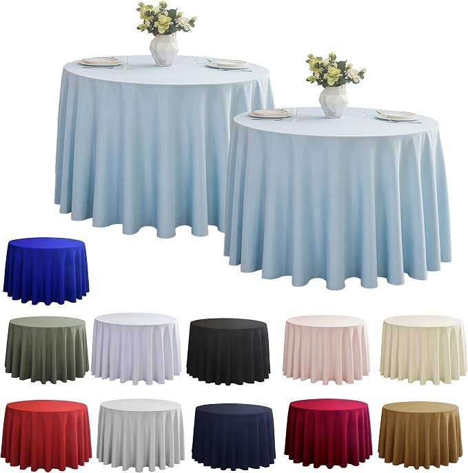 2-Pack Round 108-inch Dusty Blue Table Cloths, Solid Stain and Wrinkle Resistant Circular Tablecloth, Premium Plain Weave Polyester Fabric Table Linen Covers for Hotel, Banquet