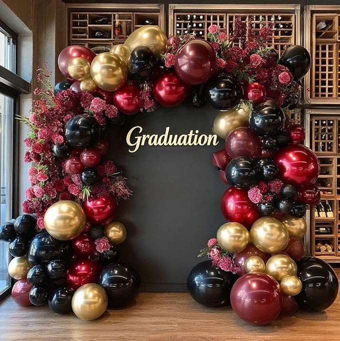 Burgundy Black Gold Balloon Garland Double Stuffed Dark Red Gold Maroon Black Balloon Arch Kit for Birthday Graduation Anniversary Prom Party Decoration