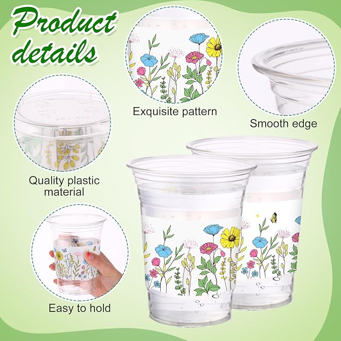Hushee Wildflower Meadow 60 Pcs Party Cups 16 oz Plastic Disposable Drinking Cups for Birthday Love Baby in Bloom Baby Shower Summer Fresh off The Market Bridal Shower Decorations Supplies