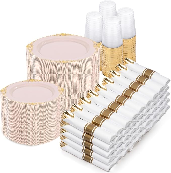 Nervure 700PCS Pink Gold Plastic Plates - Pink Plastic Dinnerware Sets for 100 Guests - 200 Disposable Plates, 300 Silverware, 100 Cups, 100 Napkins for Wedding, Party