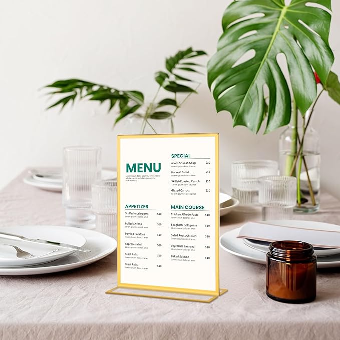 10 Pack Gold Acrylic Sign Holders 5x7 Double Sided Picture Frames, Wedding Table Number Frames, Table Display Stand for Restaurant Signs, Party and Office Photos