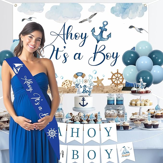 Ahoy It's a Boy Baby Shower Decorations Blue Nautical Backdrop Banner Navy Blue Cake Cupcake Topper Sash Latex Balloons Ocean Ship Anchor Lighthouse Decor for Sailor Theme Baby Shower Ocean Party