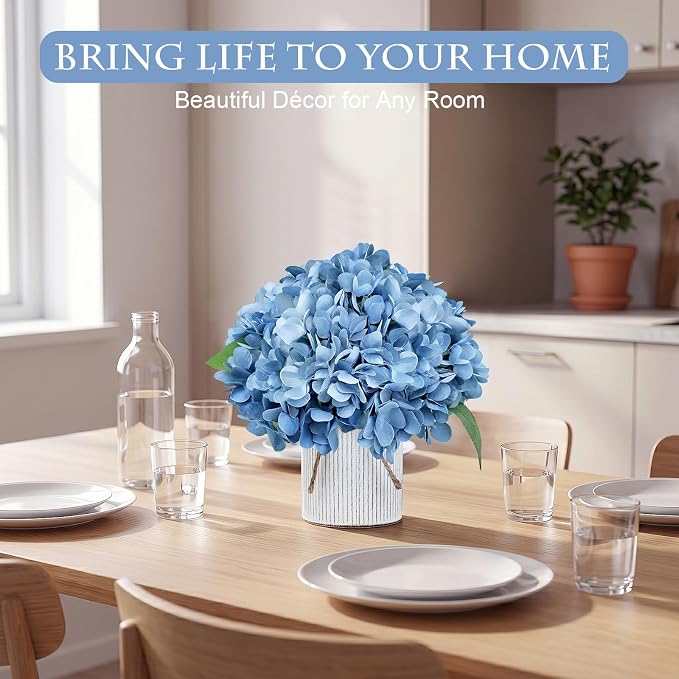 Set of 6 Artificial Flower Table Centerpieces - Dusty Blue Fake Hydrangeas Floral Arrangement with Rustic Metal Vase for Baby Bridal Shower Birthday Party Event Decorations