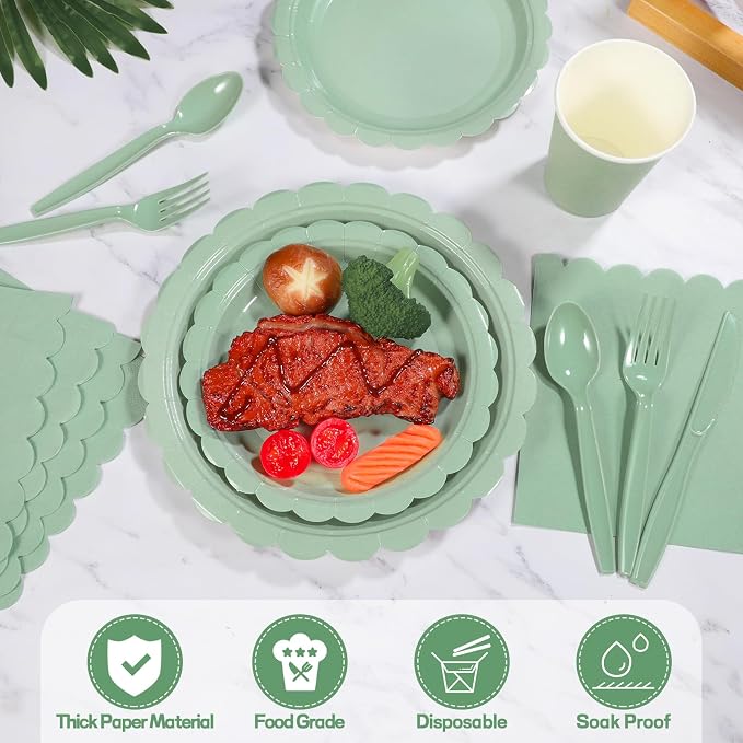 175 Pcs Party Plates and Cups and Napkins Sets, 9" Paper Plates, 7" Dessert Plate, 9oz Cups & Cutlery, 25 Guest Scalloped Sage Green Party Supplies for Wedding, Bridal Baby Shower, Birthday | 175 Pcs Sage Green Party Decor Include 9" Paper Plates, 7" D...