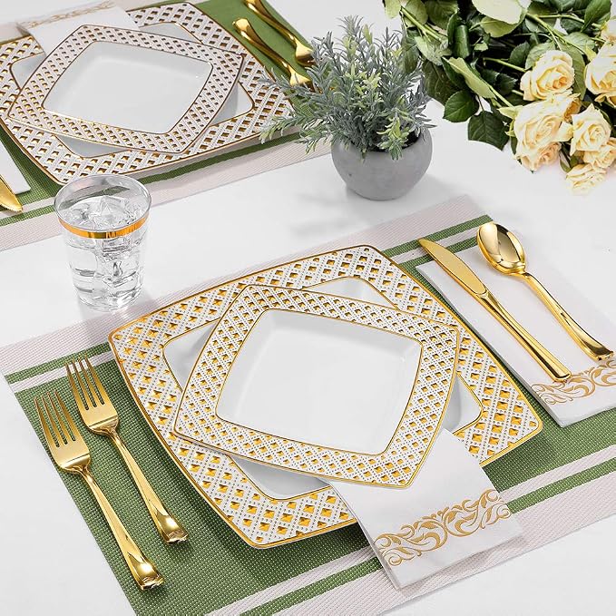 FOCUSLINE 175 Ct Gold Dinnerware Set for 25 Guests - Square Plastic Plates with Diamond Rim, Including 25 Disposable Dinner & Dessert Plates, Napkins, Cups, Cutlery