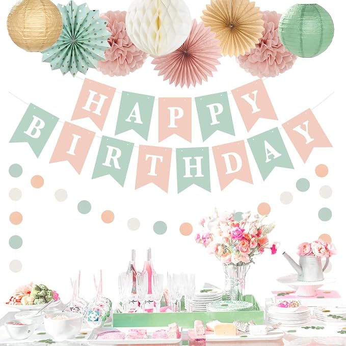 Sage-Green Blush-Pink Beige Birthday Party-Decorations - 19pcs Boho Neutral Rustic Fairy Streamers Banner,Paper Star Garland Lanterns Honeycomb Fan,Tissue Pom Poms,Wall Ceiling Backdrop Ouruola
