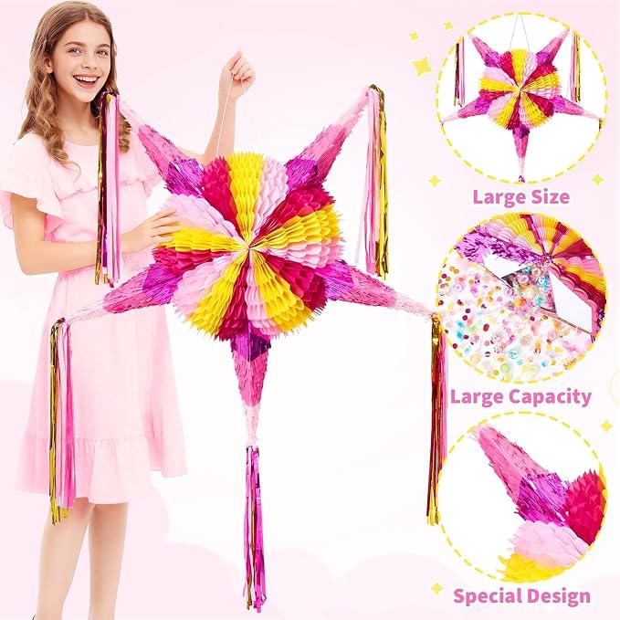 WERNNSAI Large 32" Cinco de Mayo Star Piñata - Foldable Pink Mexican Star Piñata for Kids Girls Pink Piñata Fiesta Party Decorations Luau Event Birthday Party Supplies Mexican Theme Carnivals