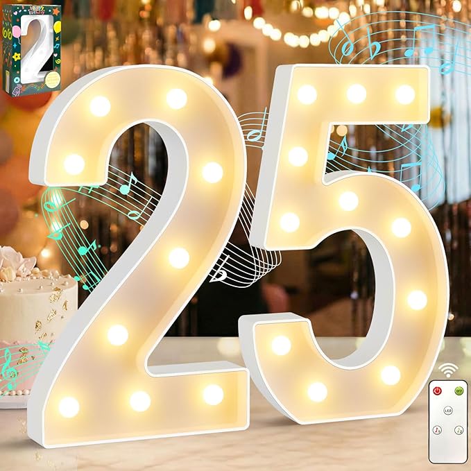 12.6 Inch LED Marquee Light Up Numbers 25 with Happy Birthday Music, Remote 25th Birthday Number Lights as Gifts for Women Men, Lighted Marquee Numbers for Table Party Decorations